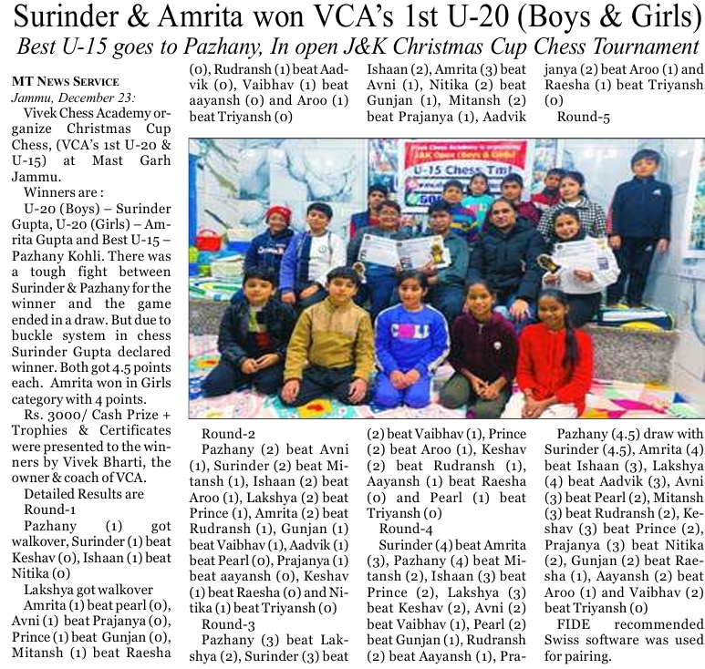 VCA 1st U-20 & u-15 (Christmas Cup) -2025 (Mercury Times)